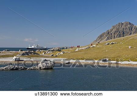Hikers returning to the National Geographic Endeavour after a view of the towering cliff and glacier in Hornsund (Horn Sound) on the southwestern side of Spitsbergen Island in the Svalbard Archipelago, Barents Sea, Norway. View Large Photo Image Stock Image - Hikers returning to the National Geographic Endeavour after a view of the towering cliff and glacier in Hornsund (Horn Sound) on the southwestern side of Spitsbergen Island in the Svalbard Archipelago, Barents Sea, Norway.. Fotosearch