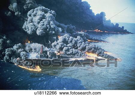 Stock Photograph - Oil slick on fire off coast of South Africa (rr). Fotosearch