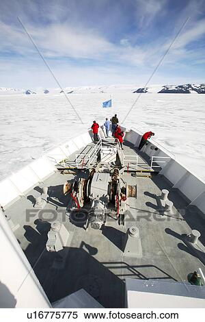 Stock Photography - The National Geographic Endeavour breaking through fast ice in the Weddell Sea around the Antarctic Peninsula. Guests are on the bow watching the process.. Fotosearch