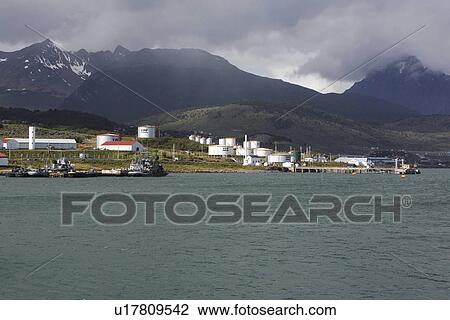 Stock Image - The navy pier and town fuel depot in Ushuaia, Argentina - the self-proclaimed southernmost city in the world.. Fotosearch