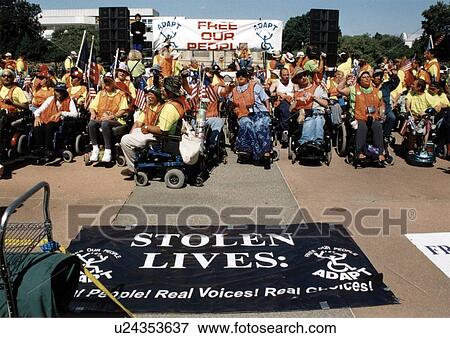 Crowd of people with disabilities preparing to MARCH ON WASHINGTON, D. C. to advocate for the civil rights of people with disabilities. View Large Photo Image Stock Photo - Crowd of people with disabilities preparing to MARCH ON WASHINGTON, D. C. to advocate for the civil rights of people with disabilities.. Fotosearch