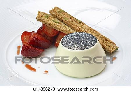 Panna cotta with strawberries and biscott View Large Photo Image Stock Image - Panna cotta with strawberries and biscott. Fotosearch