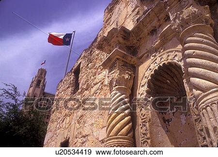 Stock Photo - close up architecture on the Alamo in San Antonio, Texas. Fotosearch