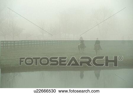 two people riding horses in the fog by a pond View Large Photo Image Stock Image - two people riding horses in the fog by a pond. Fotosearch