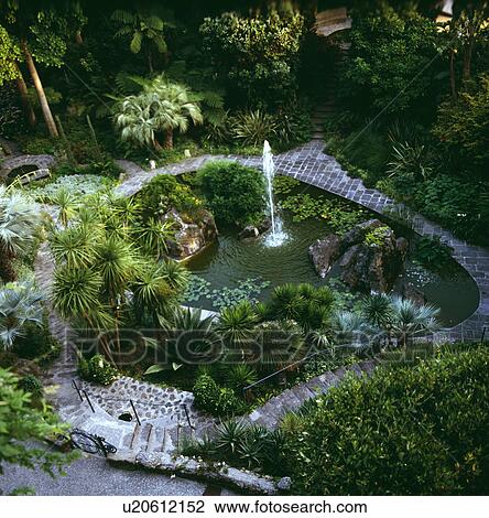 Stock Image - Aerial view of fountain and large pond enclosed by trees in country garden. Fotosearch