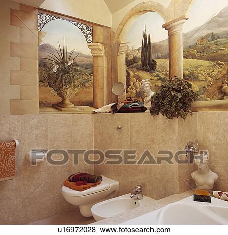 Bathroom with marble effect walls and painted trompe l'oiel mural of Tuscan landscape View Large Photo Image Stock Photo - Bathroom with marble effect walls and painted trompe l'oiel mural of Tuscan landscape. Fotosearch