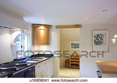 Black Aga In Modern White Country Kitchen With Pine Corner