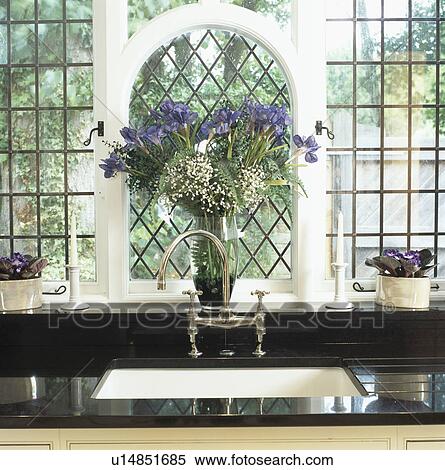 Blue iris in glass vase on windowsill above chrome taps and white sink in black worktop View Large Photo Image Stock Photography - Blue iris in glass vase on windowsill above chrome taps and white sink in black worktop. Fotosearch