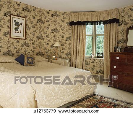 Blue+white Toile de Jouy wallpaper in country bedroom with cream curtains and bedcover View Large Photo Image Stock Photo - Blue+white Toile de Jouy wallpaper in country bedroom with cream curtains and bedcover. Fotosearch