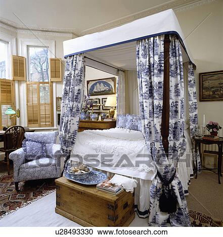 Blue White Willow Pattern Drapes On Fourposter Bed In Bedroom With