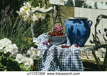 Bowl of cherries and large blue jug with checked cloth on seat View Large Photo Image Stock Photo - Bowl of cherries and large blue jug with checked cloth on seat. Fotosearch