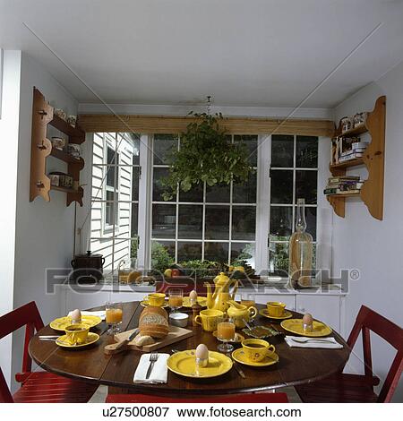 Bright yellow ceramic crockery on circular table set for breakfast in front of window in small country dining room View Large Photo Image Stock Photo - Bright yellow ceramic crockery on circular table set for breakfast in front of window in small country dining room. Fotosearch