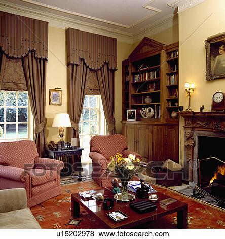 Brown pelmet and curtains in traditional living room View Large Photo Image Stock Photo - Brown pelmet and curtains in traditional living room . Fotosearch
