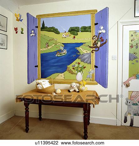 Child's bedroom with trompe l'oiel mural of landscape through window with blue shutters View Large Photo Image Stock Image - Child's bedroom with trompe l'oiel mural of landscape through window with blue shutters. Fotosearch