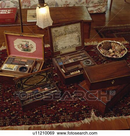 Stock Photo - Close-up of antique artist's paints and brushes. Fotosearch