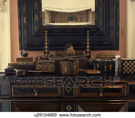 Stock Photo - Close-up of antique inlaid wood boxes. Fotosearch