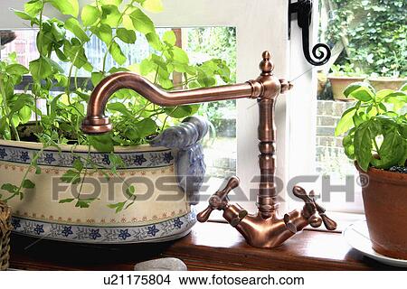 Picture - Close-up of brass mixer tap and herbs in pots on kitchen window sill. Fotosearch