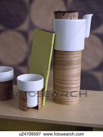 Close-up of fifties-style white ceramic and wood coffeepot and cups View Large Photo Image Stock Photo - Close-up of fifties-style white ceramic and wood coffeepot and cups. Fotosearch