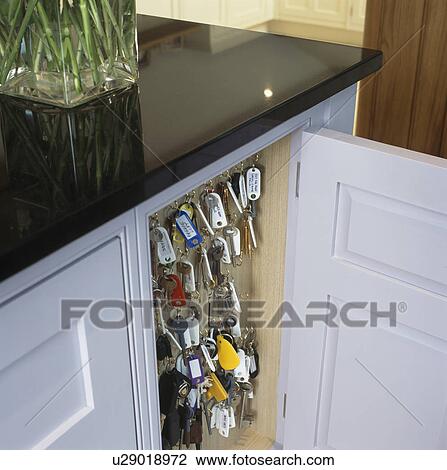 Close-up of open cupboard door with bunches of keys on hooks View Large Photo Image Stock Image - Close-up of open cupboard door with bunches of keys on hooks. Fotosearch