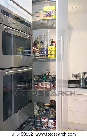 Close-up of pull-out storage shelves beside stainless steel double oven View Large Photo Image Stock Image - Close-up of pull-out storage shelves beside stainless steel double oven. Fotosearch