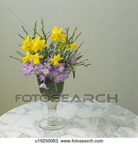 Stock Image - Close-up of scillas and daffodils in glass vase. Fotosearch
