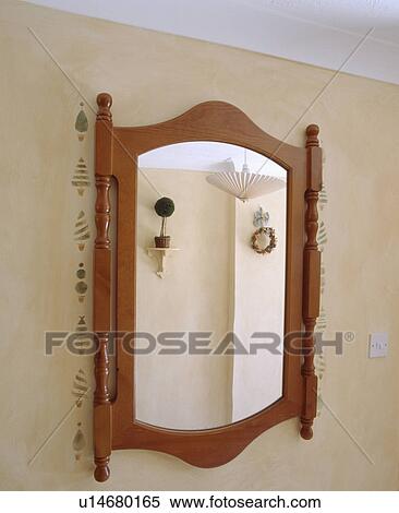 Stock Photography - Close up of stencilled border on either side of wooden mirror. Fotosearch