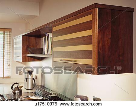 Stock Photograph - Close-up of walnut and maple veneer fitted cupboard . Fotosearch