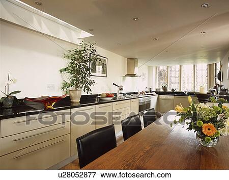 Contemporary Cream And White Kitchen With Large Wooden Dining White Kitchen With Large Wooden