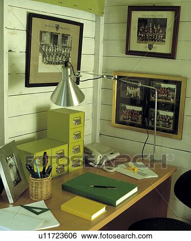 Stock Photograph - Corner of summerhouse made into home office.. Fotosearch