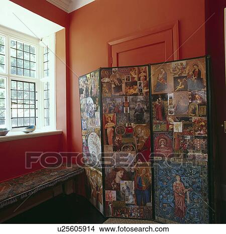 Decoupage folding screen in red room View Large Photo Image Picture - Decoupage folding screen in red room. Fotosearch