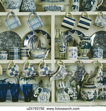 Detail of blue and white crockery on shelves View Large Photo Image Stock Image - Detail of blue and white crockery on shelves. Fotosearch