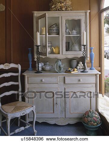 Distressed Paint Effect Grey Dresser And Rush Seated Wooden Chair