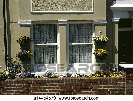 Flowering plants in pots and on low stone wall in front of small townhouse View Large Photo Image Stock Photo - Flowering plants in pots and on low stone wall in front of small townhouse. Fotosearch