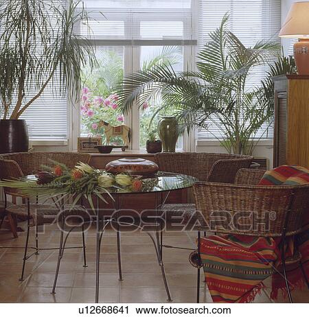 Stock Image - Glass topped dining table with wicker backed chairs. Large potted green plants in front of white venetian blind. Fotosearch