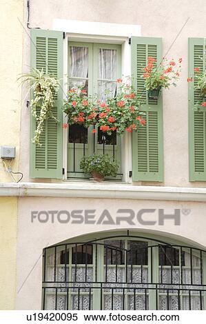 Stock Photography - Green louvre shutters and window with red geraniums in hanging basket and windowbox. Fotosearch