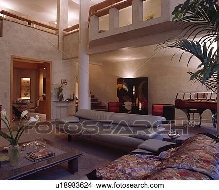 Grey leather sofa in modern eighties living room View Large Photo Image Picture - Grey leather sofa in modern eighties living room. Fotosearch