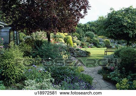 Stock Image - Herbaceous borders and paved path in large country garden in summer. Fotosearch