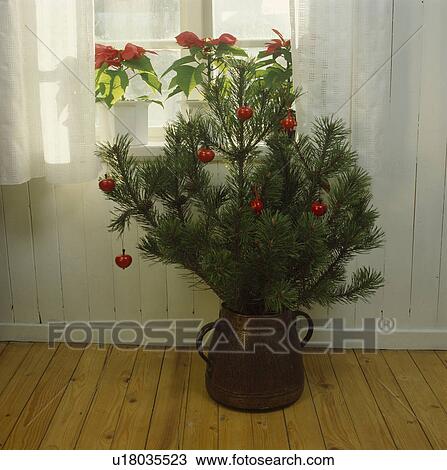 Home-made decorations on pine branches in pot View Large Photo Image Stock Image - Home-made decorations on pine branches in pot . Fotosearch