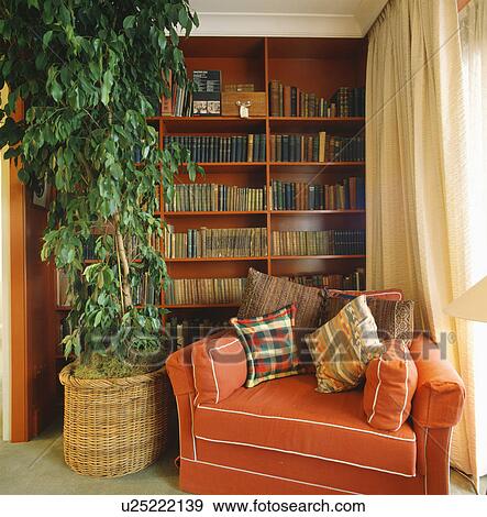 Stock Photo - Houseplant beside orange armchair in traditional living room. Fotosearch