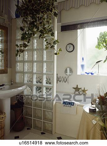 Stock Photo - Houseplants above glass brick panel beside bath in small white bathroom with fringed blind. Fotosearch
