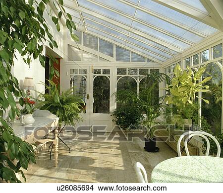 Picture - Houseplants in glass conservatory dining room with marble floor. Fotosearch
