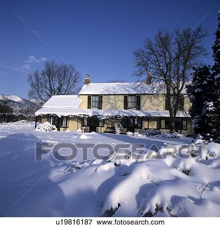 Stock Photo - Large garden under thick snow with a tracery of winter branches of large trees against a blue sky.. Fotosearch