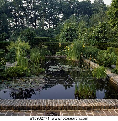 Stock Image - Large rectangular pond in country garden. Fotosearch