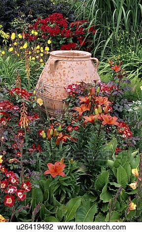 Stock Image - Large terracotta pots in flowering summer borders. Fotosearch