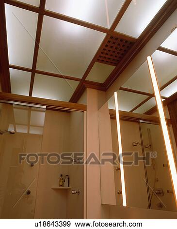 Lighted Opaque Glass Ceiling Panels In Modern Bathroom With Strip