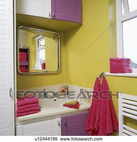 Mirror Above White Built In Sink Yellow Bathroom Wit Pink Mirror Above White Built In Sink
