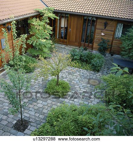 Modern bungalow with small trees in paved courtyard View Large Photo Image Stock Photo - Modern bungalow with small trees in paved courtyard. Fotosearch