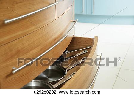 Stock Image - Modern fitted cupboard with metal handles and drawer open on stainless steel pans. Fotosearch