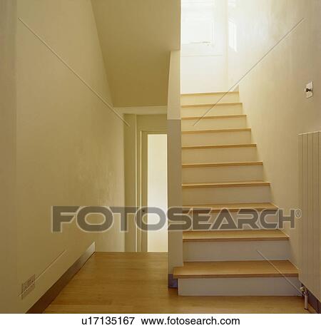 Modern White Staircase With Wood Treads And Landing With Wood