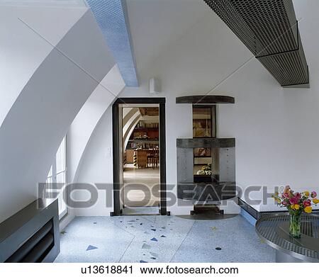 Mosaic floor and modern internal window in white loft hall with open door and view of kitchen View Large Photo Image Stock Image - Mosaic floor and modern internal window in white loft hall with open door and view of kitchen. Fotosearch